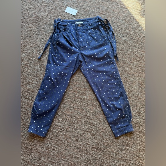 SOMETHING NAVY Sydney Side Tie Barrel Leg Denim Pants - Navy Floral Size 8 - Picture 3 of 11